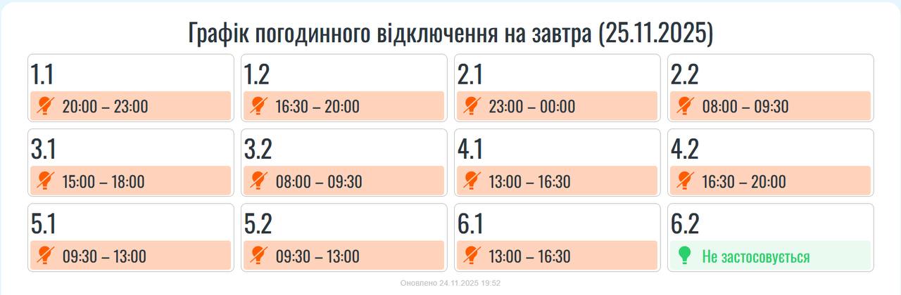 Графіки відключень світла на 25 листопада: які будуть обмеження по регіонах